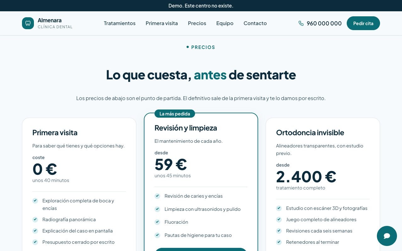 Captura de la demo: la sección de precios